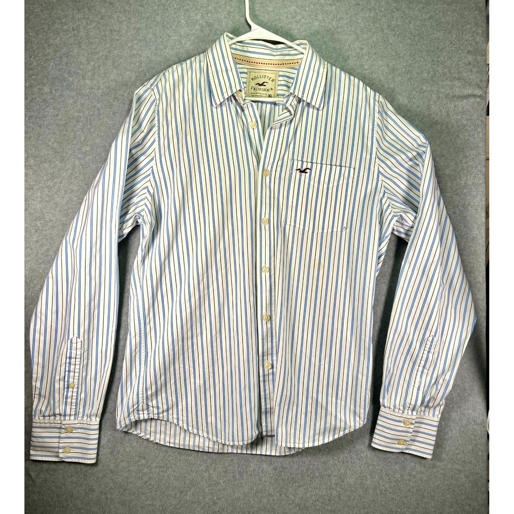 Stain* Hollister Shirt Men XL White Blue Striped Cotton Logo Long Button Up